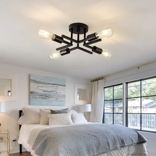 Vista 5 de Accesorio de Lámpara de Techo Industrial Semiempotrada de 4 Luces, Candelabro Sputnik Moderno de Metal Negro con Base de Bombilla E26, Luz Pegada al