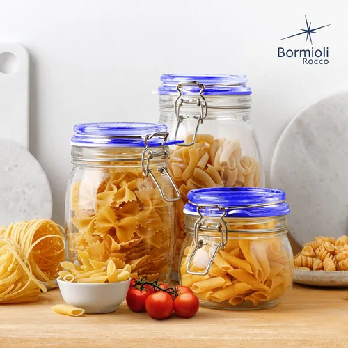 Vista 5 de Bormioli Rocco Colección Fido, paquete de 2, 17 onzas, tarros de vidrio para almacenamiento de alimentos, sello de goma hermético y tapa de vidrio