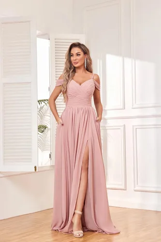 Vista 4 de BOLENSYE Vestidos de dama de honor con hombros descubiertos y bolsillos, vestido de noche formal con abertura larga de gasa fruncida