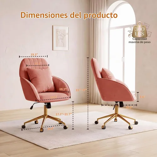 Vista 3 de Silla de escritorio para oficina en casa, cómoda con ruedas giratorias ajustables, moderna silla de tocador de maquillaje de terciopelo con respaldo
