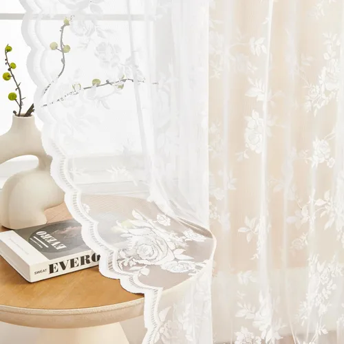Vista 48 de Cortinas de encaje beige, juego de 2 paneles de cortinas traslúcidas con bolsillo para cortinero, decoración de ventana pequeña, baño, sótano