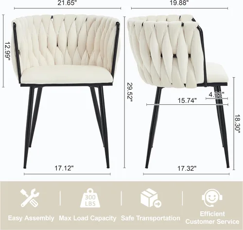 Vista 3 de Juego de 2 sillas de comedor de terciopelo, sillas laterales tapizadas tejidas con patas de metal negro, sillas decorativas modernas, sillas