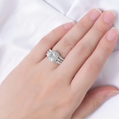 Vista 4 de DovEggs Anillo de compromiso con halo oculto de moissanita de plata de ley de 3 quilates de 0.276 x 0.354in G-H-I con detalles para mujer, moissanita