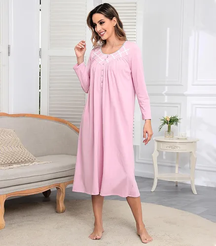 Vista 6 de Camisones largos de algodón para mujer, 100% algodón, vestido de noche de manga larga para mujer, ropa de dormir vintage A rosa