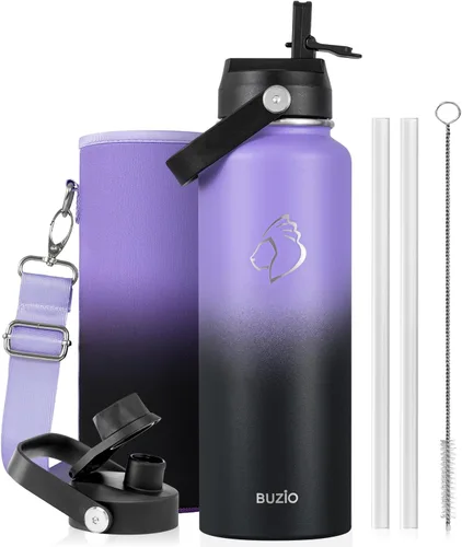 Vista 46 de BUZIO Botella de agua aislada de 24 oz, frasco de agua de boca ancha de acero inoxidable con tapa de pajita, frío durante 48 horas a prueba de Negro