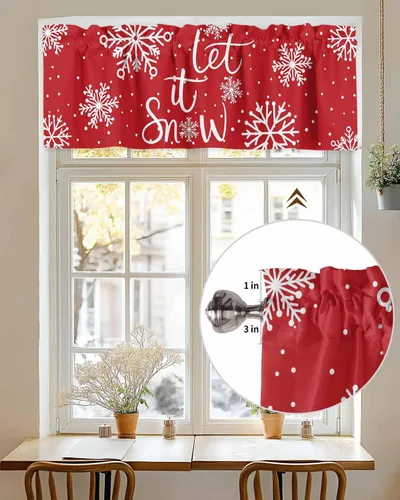 Vista 167 de Cenefa de cortina con lazo rojo de Navidad para ventanas, sala de estar, cocina, baño, granja, bolas de Navidad de acuarela con diseño de bayas