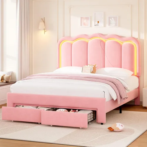 Vista 10 de Marco de cama LED tapizado individual con cajón de almacenamiento y cabecera doble ondulada ajustable, cama de plataforma de terciopelo