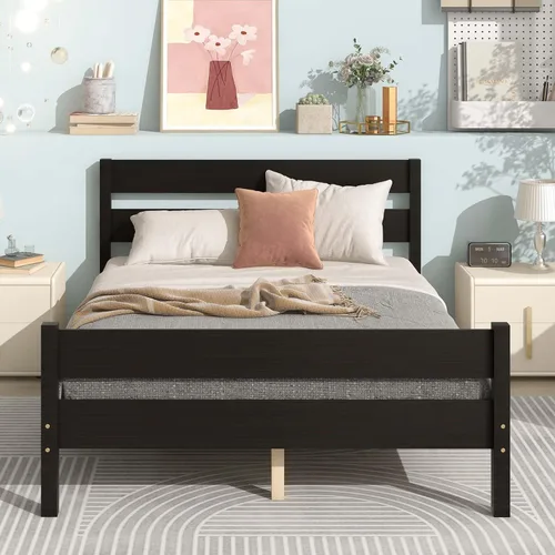 Vista 10 de Base de cama de plataforma de madera de tamaño individual con cabecera y estribo de estilo moderno, marco de cama de madera con patas de soporte