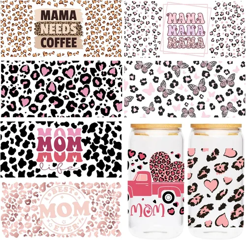 Vista 9 de Adhesivo UV DTF para taza, 8 hojas de transferencia DTF UV de animales para vidrio de 16 onzas, estilo bosque negro, lobo, ciervo, jirafa, elefante