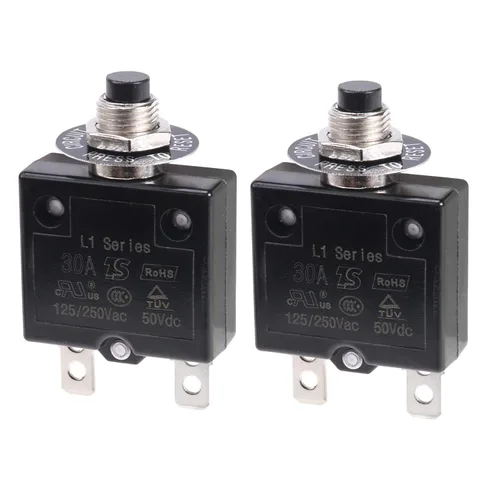 Vista 5 de 2 piezas de disyuntor térmico de 3 A, disyuntor de protector térmico de sobrecarga con botón de reinicio manual 32V DC 125/250V AC 3A con cables