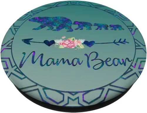 Vista 2 de PopSockets intercambiables con diseño de oso de mamá y tres cachorros, color verde azulado y gris