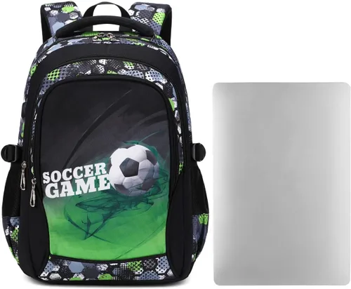 Vista 6 de BYPTNF Mochila para niño, estudiante, niño, impermeable, duradera, elemental, casual, media, verde (E-green), Computadora portátil