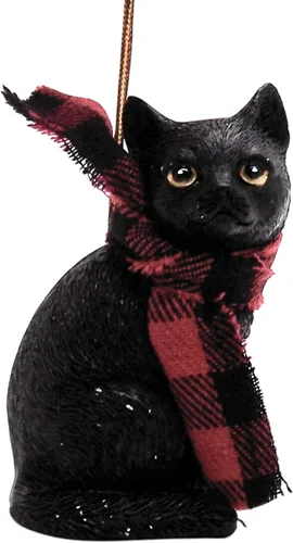 Vista 4 de Gato negro con bufanda adorno de Navidad, decoración navideña, adorno colgante de árbol, 3 pulgadas