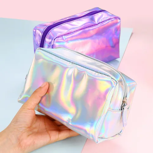 Vista 3 de Bolsa de maquillaje holográfica de piel sintética, bolsa de cosméticos, impermeable, organizador de artículos de tocador, bolsa para bolígrafos