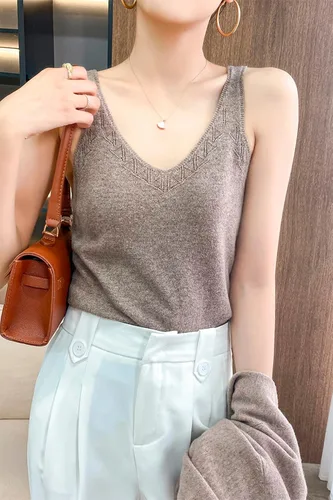 Vista 6 de LINY XIN Chaleco de punto con cuello en V para mujer, 100% lana merina, sin mangas, suéter sólido, chalecos clásicos