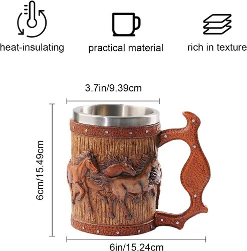 Vista 4 de Taza de cerveza de barril de madera, taza de acero inoxidable de 20 onzas, taza de café, caballos, regalos para mujeres y hombres, regalo