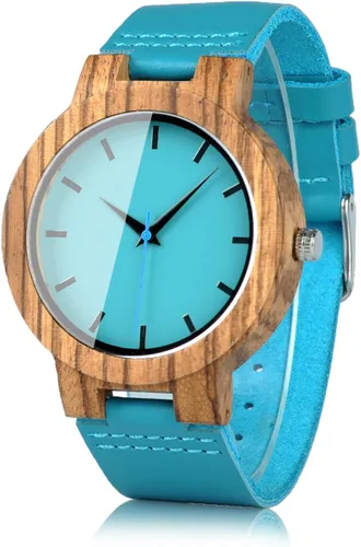 Vista 10 de BOBO BIRD Reloj de madera de bambú para hombre y mujer con correa de cuero de vaca azul, relojes casuales para el amor con caja
