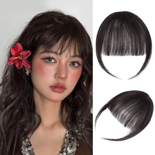 Vista 10 de Extensiones de cabello humano 100 % real, flequillo ondulado, color marrón oscuro, piezas de cabello falso, flequillo delgado, clip para mujer