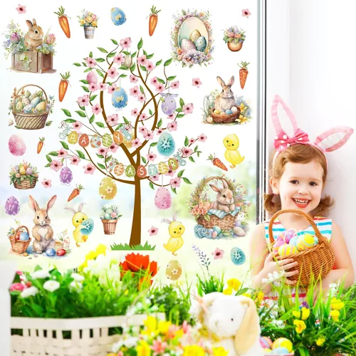 Vista 7 de Calcomanías vintage de Pascua para decoración de pared de conejo, calcomanías de ventana de Pascua, calcomanías de pared de árbol de primavera