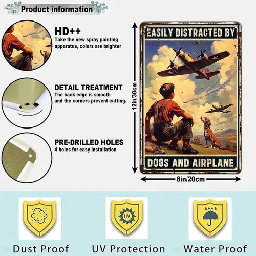 Vista 2 de Cartel de avión, póster de metal vintage para habitación de niño, fácil de distraer con perros y aviones, entusiastas militares, arte de pared