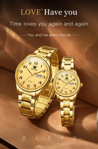 Vista 26 de OLEVS Juego de 2 relojes de cuarzo para parejas de San Valentín, calendario luminoso, ventana de fecha, 3 ATM, impermeable, casual, acero
