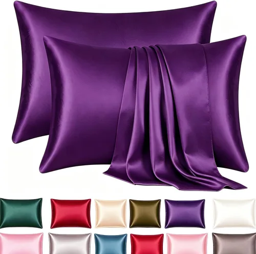 Vista 25 de Juego de 2 fundas de almohada de seda satinada de lujo para cabello y piel, fundas de almohada de satén con cierre de cremallera (estándar