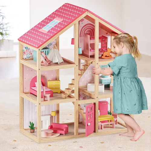 Vista 10 de Tiny Land Casa de muñecas de madera para niñas, casa de muñecas de madera de 6 habitaciones, casa de muñecas de bricolaje con 31 accesorios de Rosa