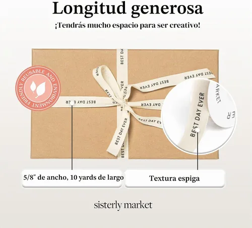 Vista 3 de Cinta de algodón en espiga personalizada, cinta de regalo natural de 5/8 pulgadas con frase impresa Best Day, 10 yardas El mejor día de la historia