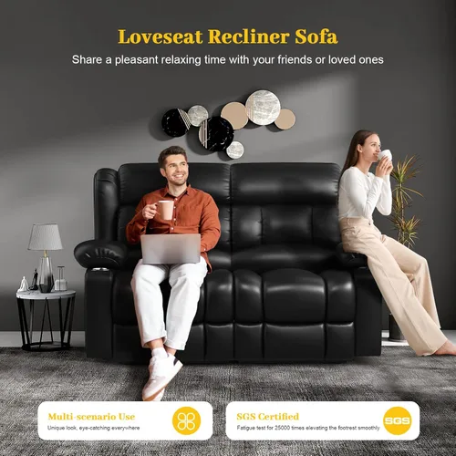 Vista 5 de Juego de sofá reclinable loveseat con 2+1 piezas, 2 plazas estilo minimalista reclinable manual con tirador, loveseat con puertos de carga USB