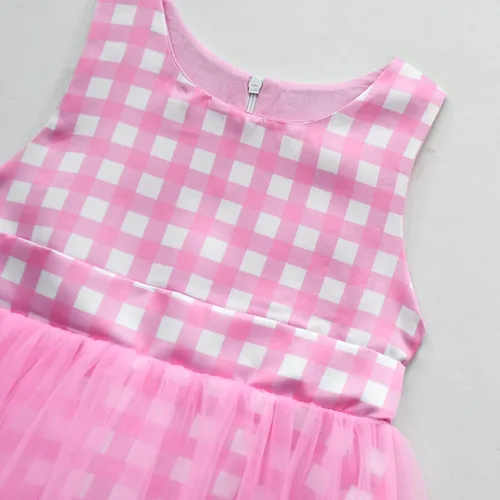 Vista 5 de IWEMEK Vestido de cuadros rosa de los años 50 para niñas, vestido a cuadros rosa con sombrero y lazo para el pelo a cuadros, 3 piezas, disfraz