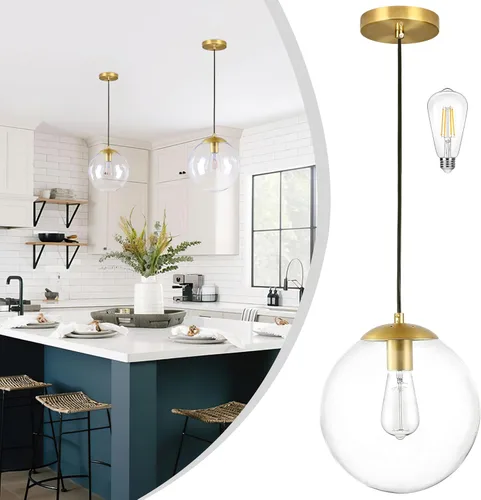 Vista 39 de KoKo&Yukina Luces colgantes modernas de globo de vidrio dorado de 6 pulgadas, paquete de 2 lámparas colgantes de vidrio transparente de mediados