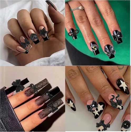 Vista 5 de 450 piezas de dijes de uñas de perlas 3D negras de múltiples formas, dijes de perlas planas de COOSLIM, corazones, moños, estilos mixtos, estrellas