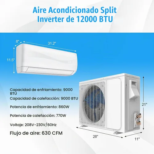 Vista 8 de RELAX4LIFE Mini sistema de aire acondicionado dividido/calefacción, 9000 BTU sin conductos Mini Split Aire acondicionado con bomba de calor, control