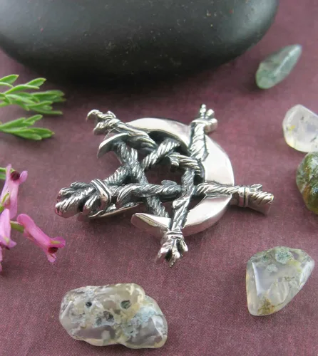 Vista 3 de Woot & Hammy Crescent Moon Bound by Twigs Pentagram Pendant, 100% Sterling Silver, Handmade