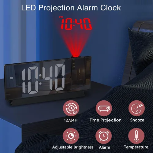 Vista 2 de LOFICOPER Reloj despertador de proyección, reloj digital de espejo de 7.8 pulgadas con proyector giratorio de 180°, brillo de 4 niveles, repetición