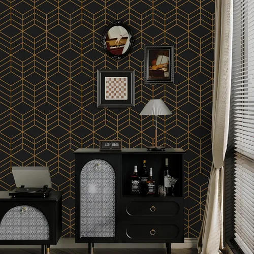 Vista 4 de LiKiLiKi Papel tapiz autoadhesivo negro y dorado, diseño geométrico moderno, 17.3 x 118 pulgadas, vinilo decorativo extraíble para cajones