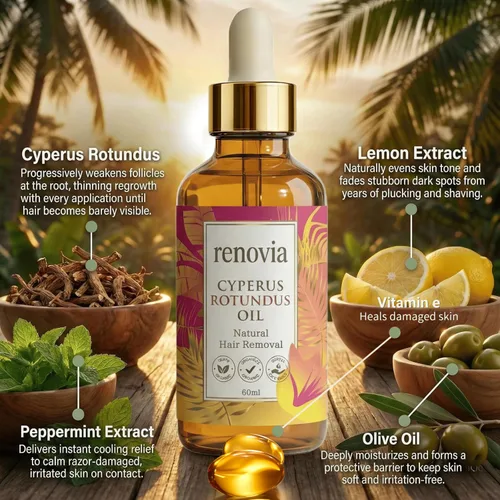 Vista 2 de Renovia Cyperus Rotundus Oil, aceite Cyperus Rotundus para depilación, aceite de depilación, hidratante calmante para una piel de aspecto suave