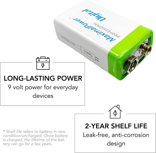 Vista 4 de MaximalPower Batería recargable de iones de litio de 9 V de 650 mAh con cable de carga USB tipo C para detectores de humo, alarma digital, pedales