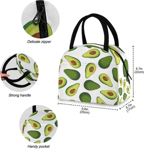 Vista 4 de Blueangle Bolsa de almuerzo aislada con patrón de aguacate para mujeres, bolsa de almuerzo aislada, bolsa térmica para estudiantes y lonchera