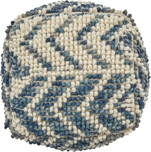 Vista 8 de GDFStudio Taburete otomano de lana y algodón estilo bohemio – Puf – Silla de pie – Sofá reposapiés para sala de estar, dormitorio, blanco y azul