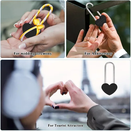 Vista 6 de Candado de amor VeYocilk de 3.5" 50mm en forma de corazón, candado de corazón negro para deseos de amor, ideal para bodas, San Valentín
