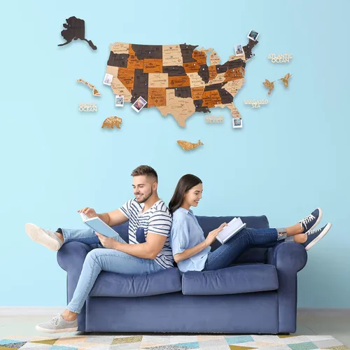 Vista 2 de HYPERI Arte de pared de madera 3D con mapa de Estados Unidos, decoración grande, mapa de viaje de Estados Unidos con chinchetas, Navidad, Año Nuevo