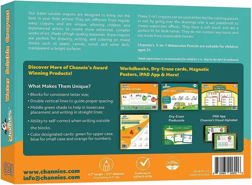 Vista 6 de Channie's Crayones solubles en agua 3 en 1 para niños: crayones de cera, lápices de colores y acuarela, con pincel y sacapuntas gratis, pintura