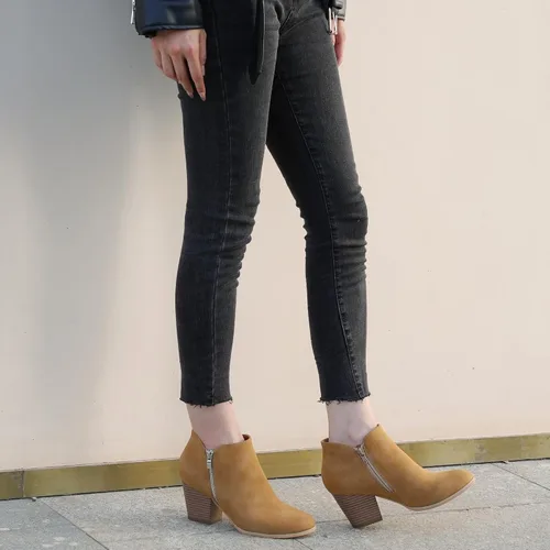 Vista 4 de firelli Botas de tobillo para mujer, botas de tacón bajo con punta redonda y cremallera
