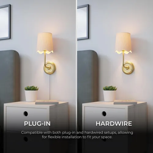 Vista 3 de Novogratz x Globe - Aplique de pared de 1 luz, cable rígido o enchufable, latón mate, pantalla de tela blanca, interruptor basculante en línea