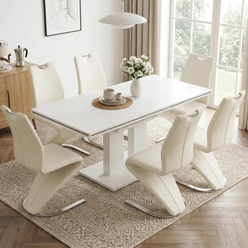 Vista 11 de HIPIHOM Mesa de comedor moderna de 46 pulgadas, mesa de cocina rectangular con acabado de roble, mesa de comedor compacta para 4, construcción