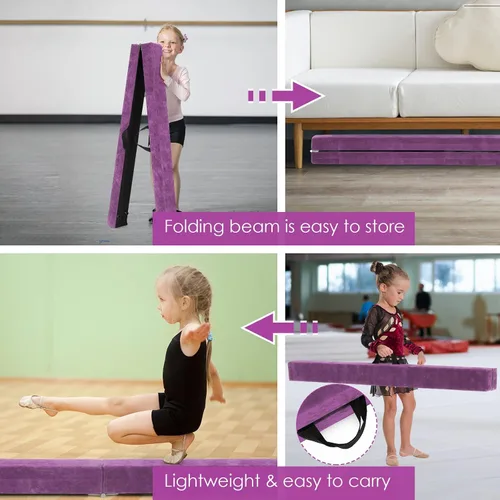 Vista 5 de Giantex Haz de equilibrio de 7/8/9 pies, haz de gimnasia plegable con asas de transporte, base de goma antideslizante para niños, haz de gimnasia