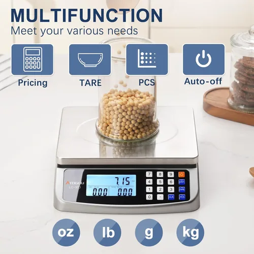 Vista 6 de Atogou Báscula de alimentos de 66 libras, báscula de cocina comercial con cálculo de precios, enchufable utilizable, 0.05 oz/1 g, acero inoxidable