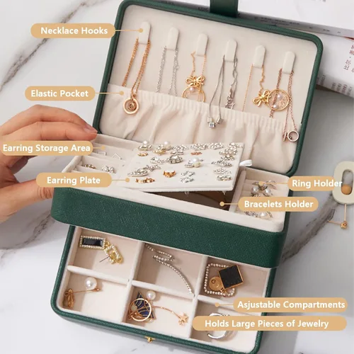 Vista 4 de KOOAAICCHI Joyero pequeño, organizador de joyas de viaje, cajas de joyería portátiles para mujeres y niñas, regalo de doble capa, soporte de joyería
