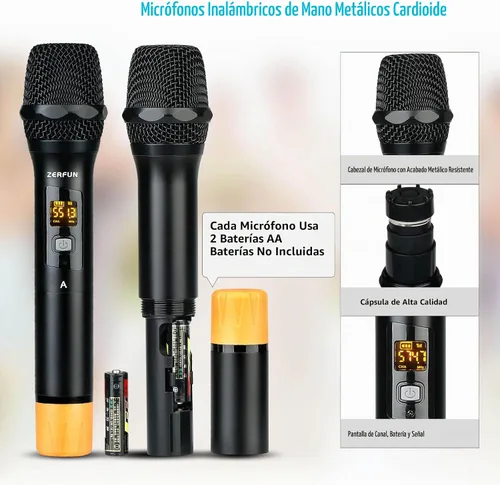 Vista 3 de Sistema de micrófono inalámbrico profesional de 4 canales, auriculares de mano inalámbricos de metal UHF, micrófonos de solapa para cantar karaoke